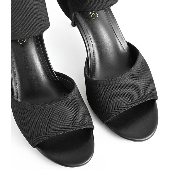 Sicare Peep Toe Heels Black Faux Leather Women Wide Stretchy Knit Heel Sandal - Picture 2 of 12